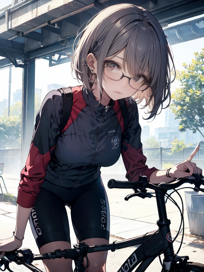 A short-haired girl wearing glasses and piercings is sweating and is resting while leaning forward after parking her cycling bike to the side, UHD, masterpiece, best quality