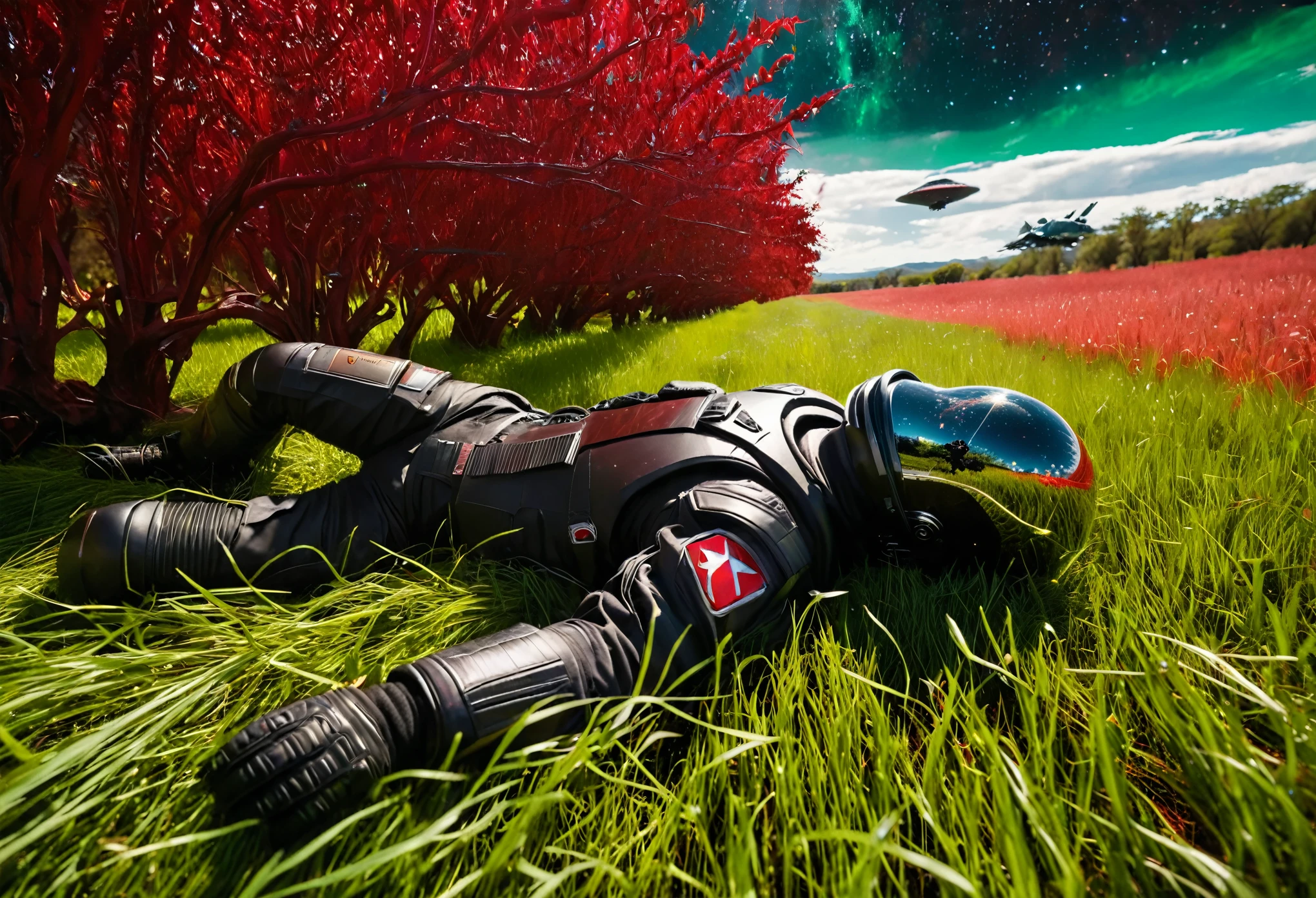 (最好的质量,4K,8千,高分辨率,杰作:1.2),极其详细,实际的:1.37,广角镜头：一名身穿黑色宇航服的男子躺在红色草地上的一棵红树旁。,一艘绿色的星舰降落在背景中, 电影帧,锐利的目光,详细的宇航服设计,奇怪的气氛,超现实元素,令人印象深刻的视角,一束光线穿过黑色宇航服,飞船表面的星光反射,红色树枝投下的淡淡阴影,茂密的绿草,细致的树皮纹理,鲜艳的红色调色板,天空中不祥的乌云,清晰的轮廓和清晰的景深,黑色宇航服和红色场地形成鲜明对比,引人入胜的科幻风景,未来而又神秘的环境.爬坡道