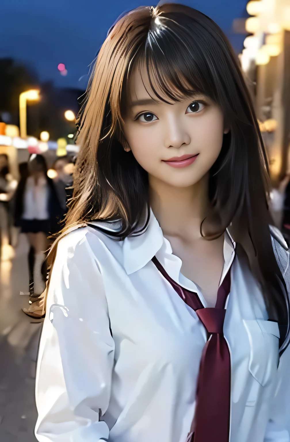 highest quality、shape、 Very detailed、finely、 High resolution、8k wallpaper、Perfect dynamic shape、Beautiful 17 year old girl、A neat and mature high school girl、Beautiful face in every detail、Beautiful eyes in every detail、Rough skin、A faint smile、Small breasts、Bold sexy pose、((High school girl uniform、Long Hair:1.4))、((Watching the audience、Smile))、((Loose tie、open chest shirt:1.4))、((Night view scenery))