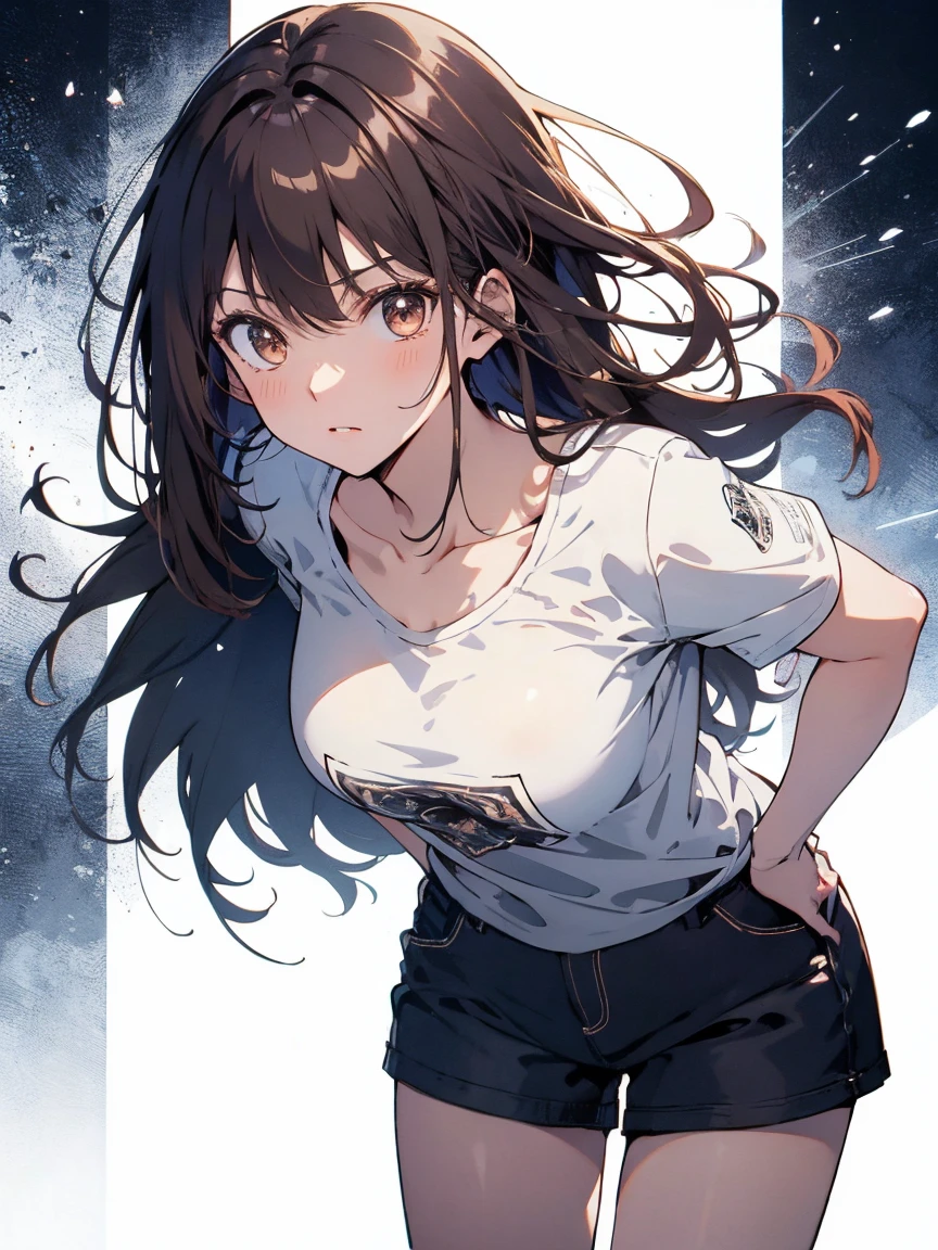delicate colors, bright colors, beautiful, downblouse, loose t-shirt, leaning forward, brown hair, long hair, leaning forward, loose t-shirt, downblouse, illustration, cowboy shot, anime, UHD, masterpiece, high quality