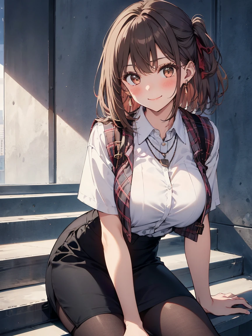 1 girl, brown hair, office lady, large breast, wearing a pink plaid vest, wear a white shirt, gray pencil skirt, wear black tights, necklace, earrings, cute face, smile, blushing, brown hair, sitting on the top of the stairs, leaning forward, front view, UHD, masterpiece, ccurate