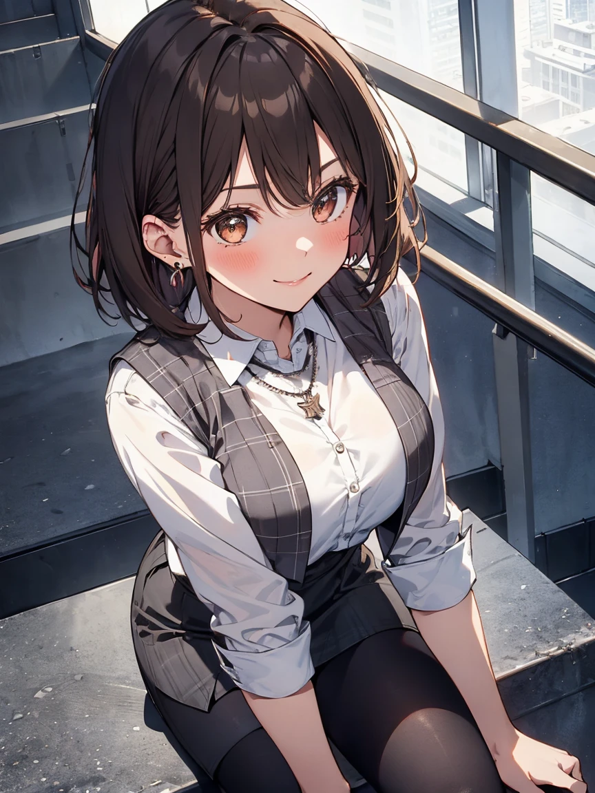 1 girl, brown hair, office lady, large breast, wearing a pink plaid vest, wear a white shirt, gray pencil skirt, wear black tights, necklace, earrings, cute face, smile, blushing, brown hair, sitting on the top of the stairs, leaning forward, front view, UHD, masterpiece, ccurate