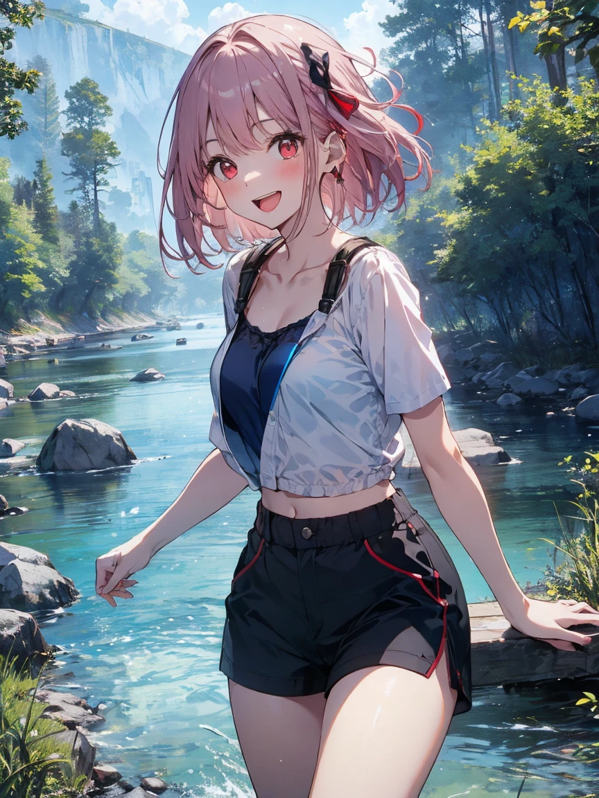 beutiful short light pink girl with red eyes, laughing girl, she wearing a cute white and blue shirt a bit open black bra and shorts pants blue, she watching a river