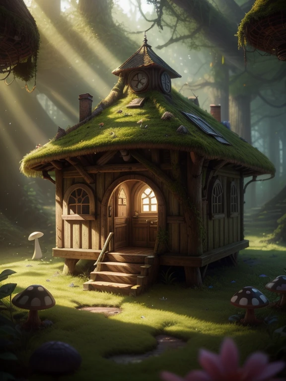 masterpiece, highest quality, (Highly detailed CG Unity 8k wallpaper), (highest quality), (Best illustrations), (Best Shadow), Moss-covered mushroom house，fire Fly，The room is filled with bright light，petal, Isometric 3D, Octane Rendering,Ray Tracing,Super detailed,