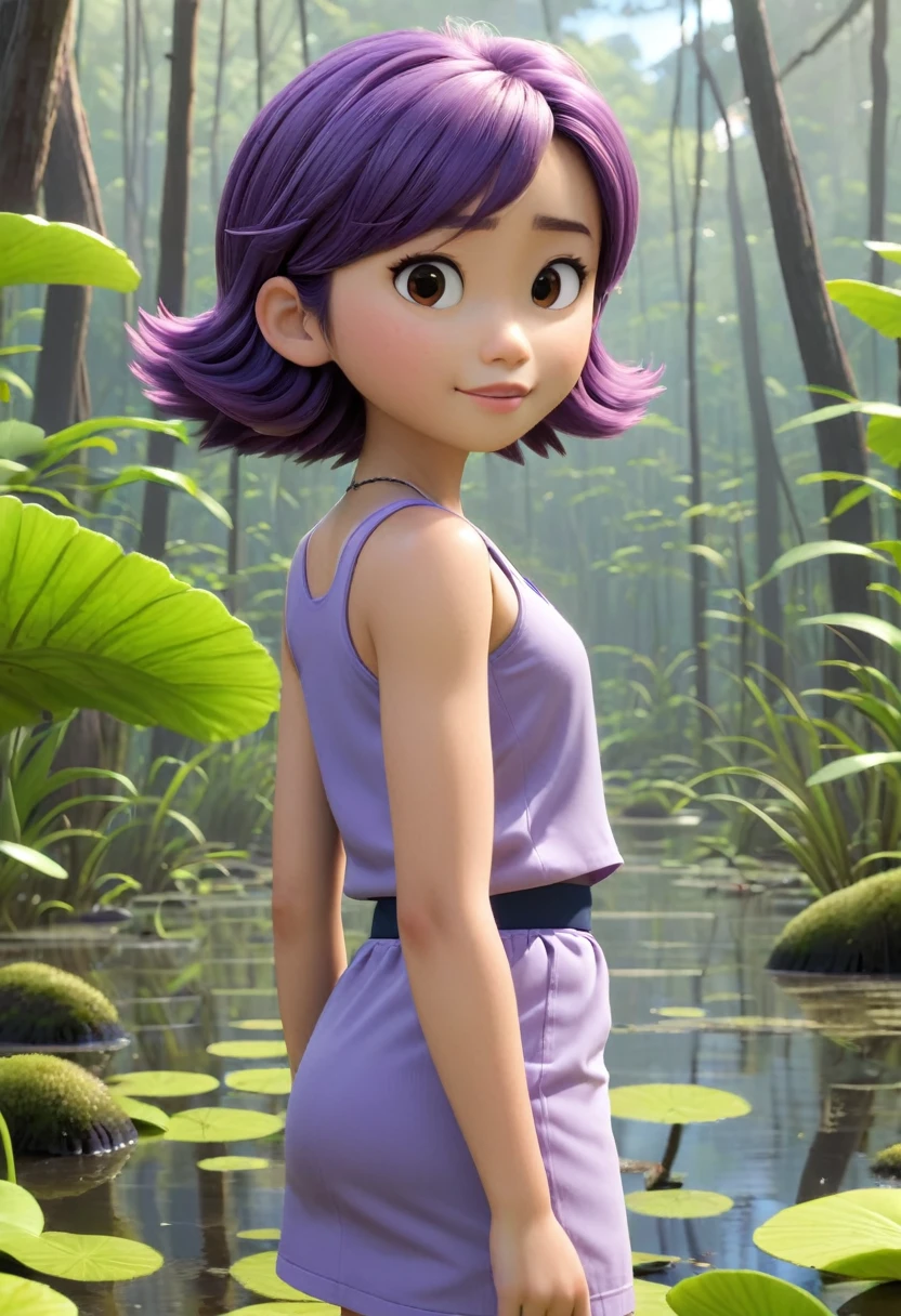 Une Japonaise de , cheveux violet, collier bleu, Grey tank top, agonisant dans un swamp 3d Pixar, (best quality, 4k, 8k, High resolution, chef-d&#39;artwork:1.2), Ultra-detailed, (Realistic, photoRealistic, photo-Realistic:1.37),Jungle, swamp, Des couleurs vives, studio lighting