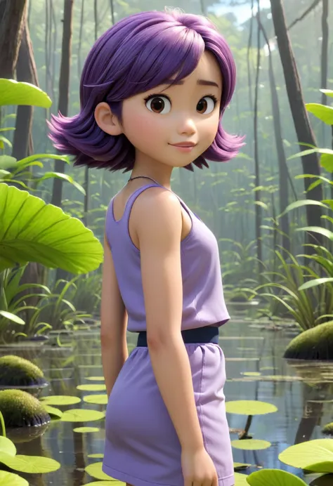 Une Japonaise de 14 ans, cheveux violet, collier bleu, Grey tank top, agonisant dans un swamp 3d Pixar, (best quality, 4k, 8k, H...