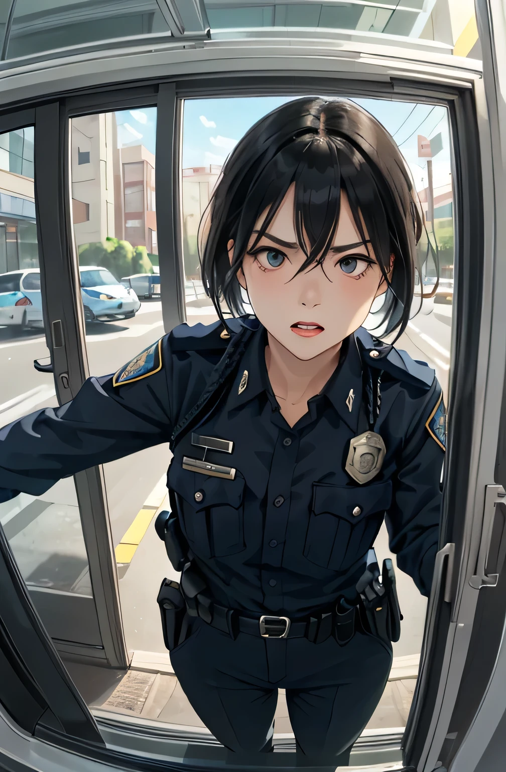 masterpiece, best quality, 1lady solo, (((standing outside window))) (peering into viewers), (female police) (traffic officer), mature female, /(light black hair/) bangs, cool expression, sharp eyes, (teeth:0.8), (masterpiece best quality:1.2) delicate illustration ultra-detailed, angry, BREAK (ordinary public road) outdoors, ((perspective from inside car)), car window, noon, car, detailed background ((looking disgusted)), looking at viewer, traffic stop, pulled over