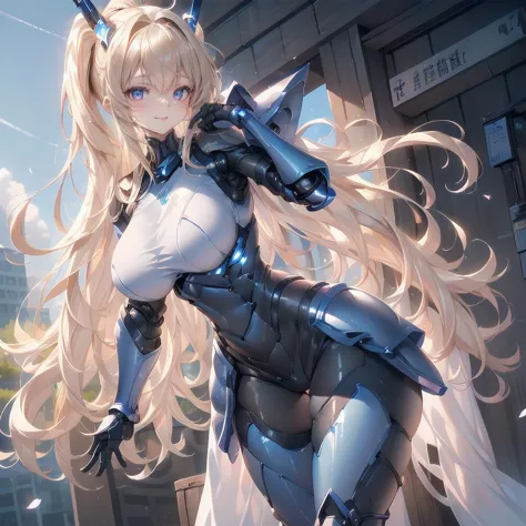 ((One Girl:1.5),(Blue cybernetic body:1.5),Big ample breasts,(Mech armor:1.5)),(armor:1.9)(Best image quality, Great details, Ul...