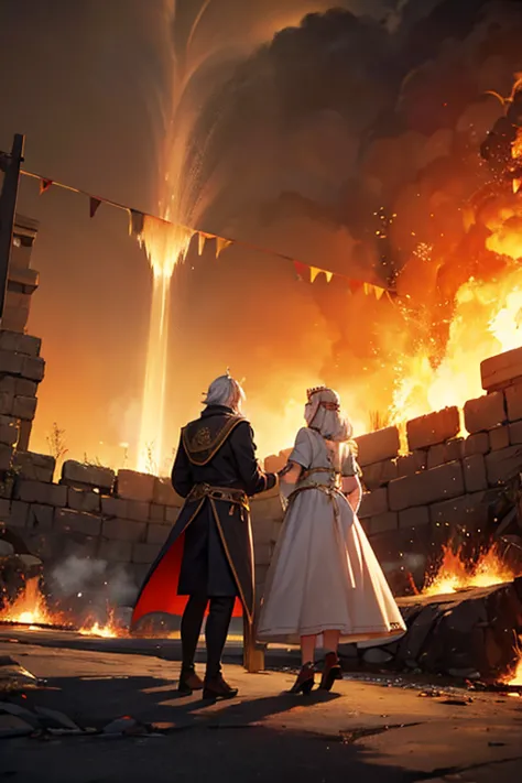Old King and old queen are standing on a battleground. there are wall of fire behind them.