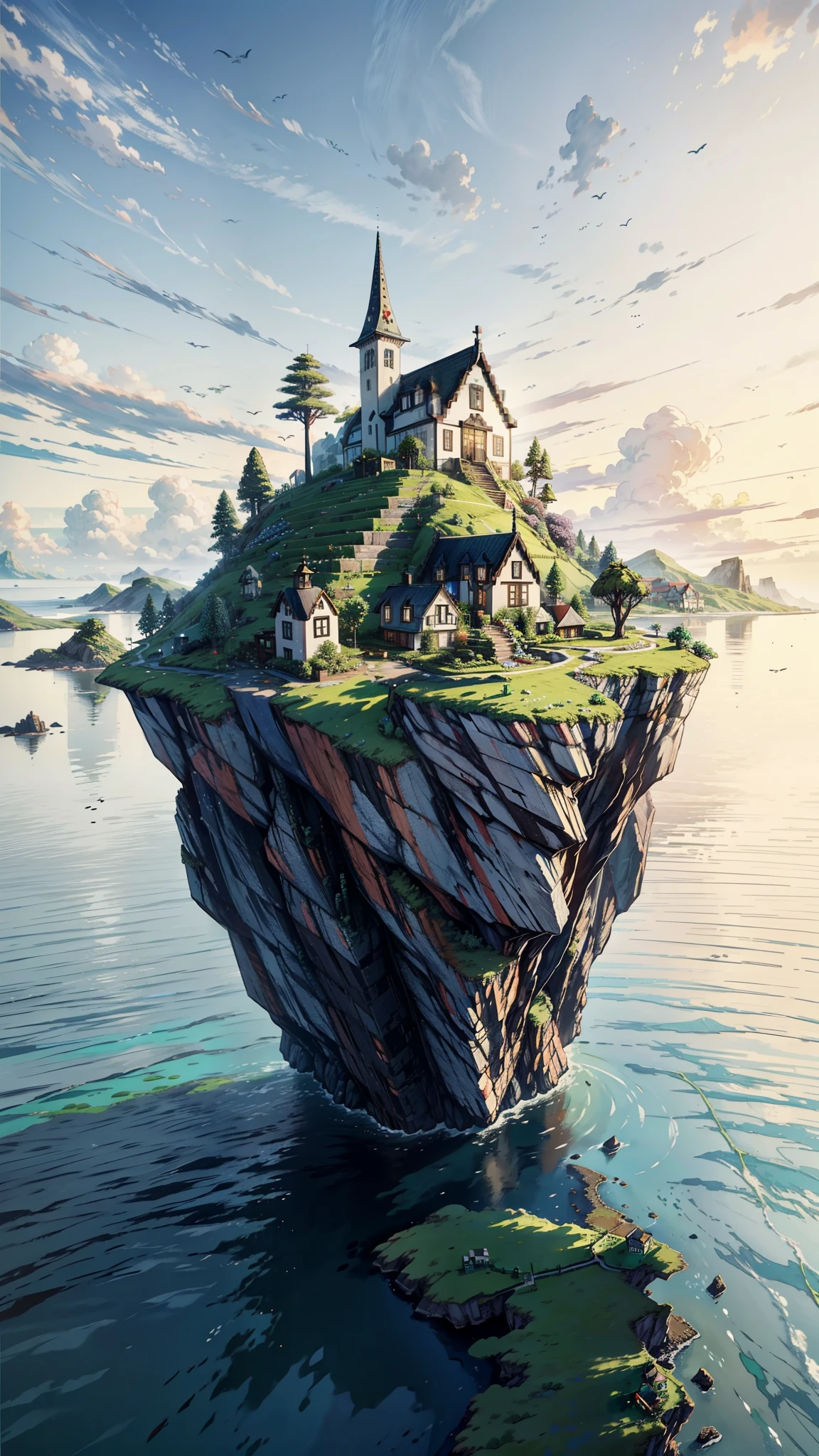 painting of a small island in the middle of the ocean, greenery,  nobody living there, isolated, multicolored flowers, flowers valley, inhabited on many levels, an island, remote icelandic village, island with cave, сastle on the rock, house on a hill, an island floating in the air, erik johansson style, isolation, secluded, amidst of nature fully covered, minecraft in real life