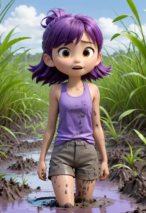 Une Japonaise de 14 ans, cheveux violet, collier bleu, Grey tank top, coincer dans un muddy swamp lui venant jusqu'à la taille, ...