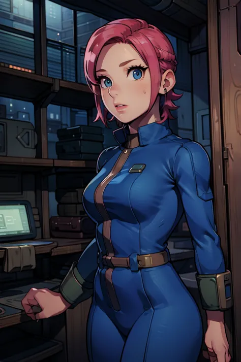 Mayl Sakurai reimagined as a vault dweller, doing maintenance in an underground vault. Her vibrant pink hair stands out against ...