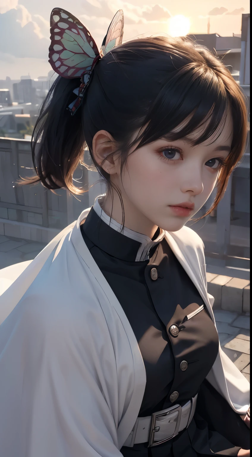 Ultra-realistic 8K CG, masterpiece, close, beauty, from the front, face sticking out, (Highly detailed background, Delicate pattern, Intricate details)), high quality, highly detailed face, Highly detailed eyes and face, Highly detailed eyes, One girl, kanao tsuyuri, (((Bangs Patsun,Side Ponytail, Side Ponytail))),(( Demon Slayer uniform:1.4)), Butterfly Hair Ornament,,( white belt), (Cape, white Cape),, (Black jacket), (Pleated skirt), belt, (Black Skirt), knees, buckle, Sheathed, belt buckle, (Black Shirt:1.0), cloudy null, sunlight, Tyndall effect, slope_null, face, gorgeous null, sword on waist,