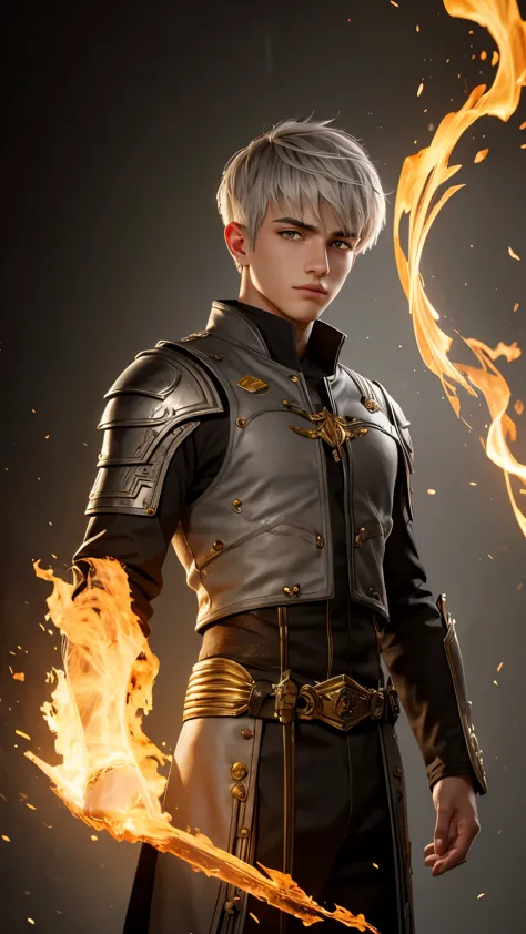 High detail, clarity, 8kk, young guy, 18 years old, light gray hair, short haircut, yellow eyes, standing on fire, realism, fant...