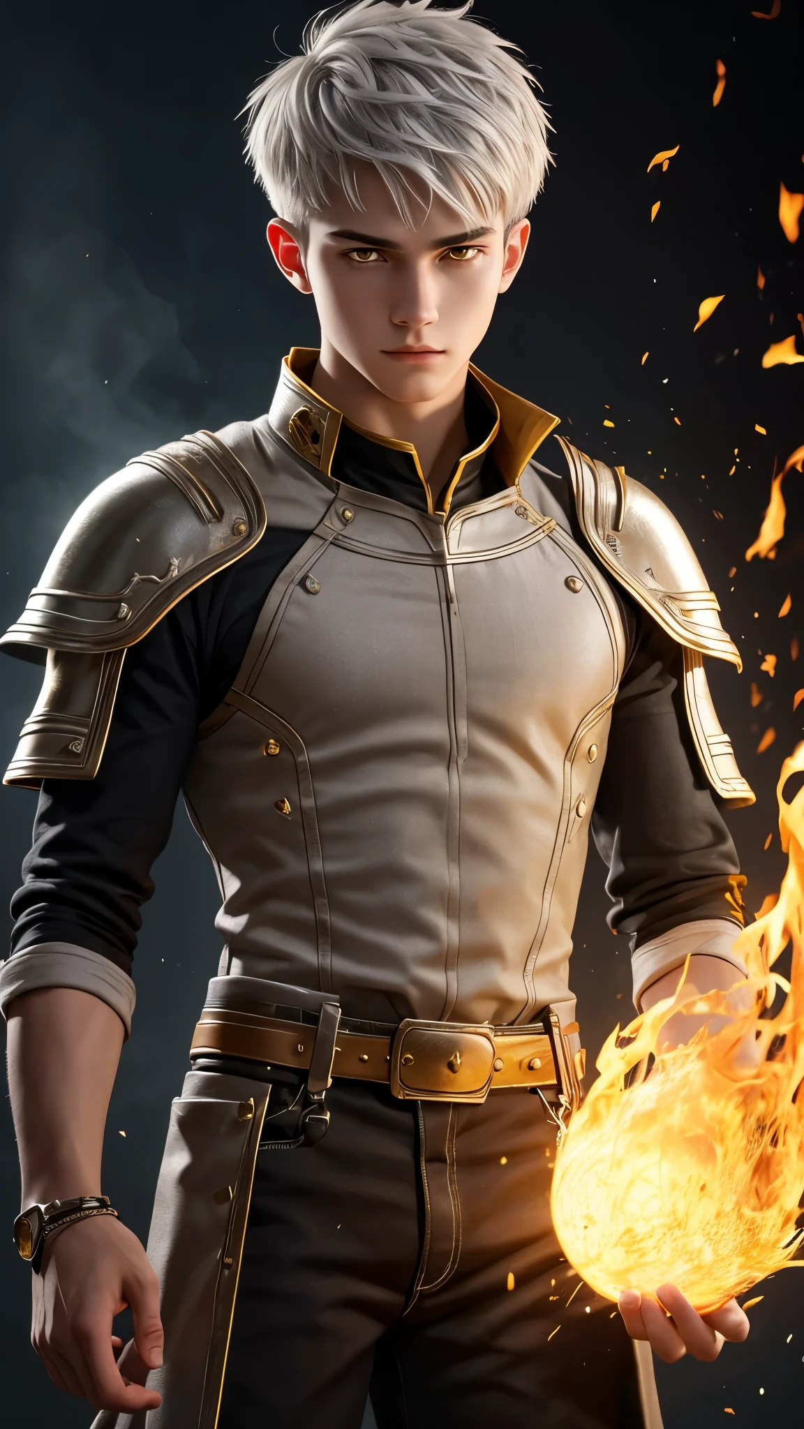 High detail, clarity, 8kk, young guy, 1, light gray hair, short haircut, yellow eyes, standing on fire, realism, fantasy,