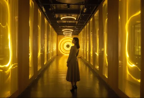 Create an image that captures the moment at the end of a golden corridor where a large, cell-like luminous installation stands. The prompt should include the following elements: A long, golden corridor with reflective walls that give off a warm, ambient li...
