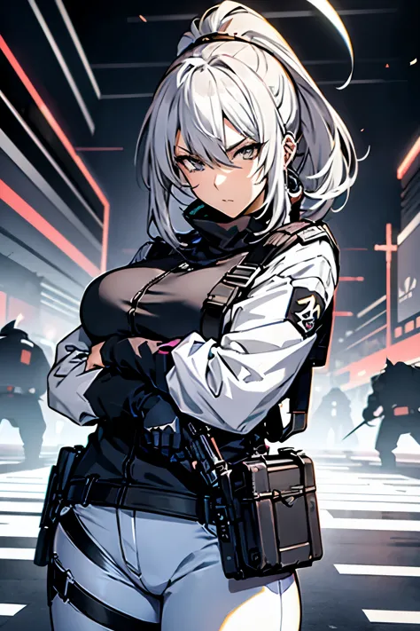 anime girl,serious expression,white hair ponytail,wearing a black turtle neck and a white pants with a pistol holster