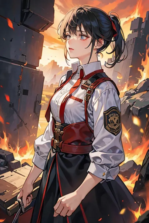 Female War General is standing on a battleground. there are wall of fire behind them.