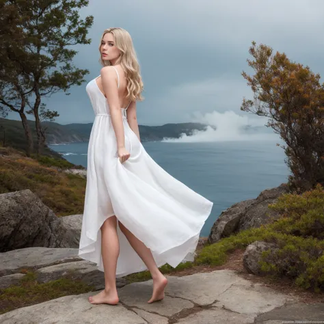 ((Masterpiece)) A beautiful Nordic girl is standing on the cliff, looking at the ocean. She has long blond hair waving behind he...
