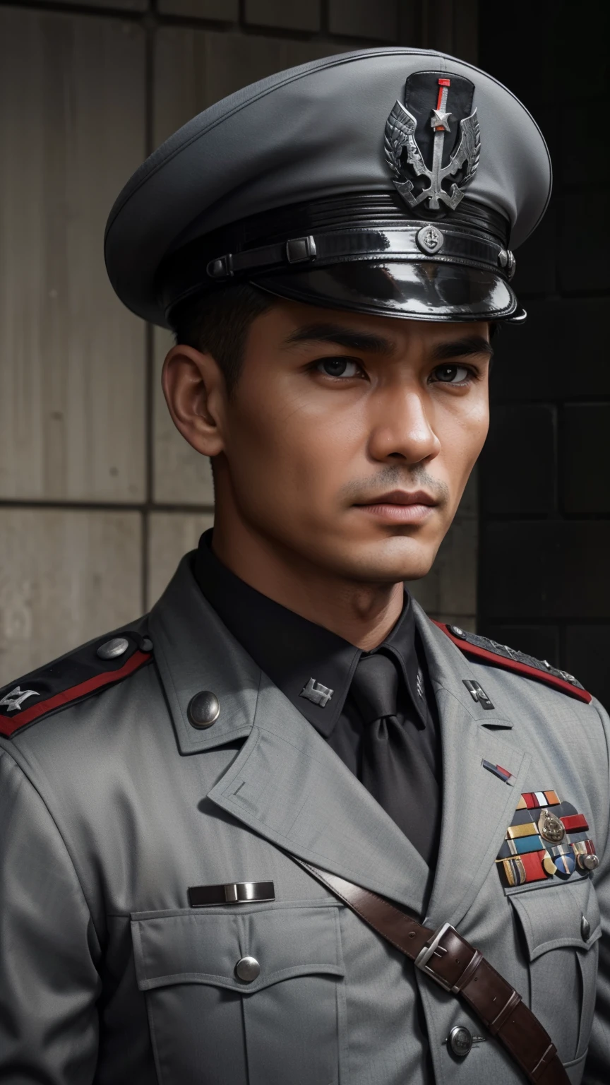 
"Craft a vivid narrative depicting a strikingly handsome Indonesian military officer, his raven-black hair framing sharp features, during World War II. He serves in the Waffen-SS, clad in a steely grey uniform with a military cap adorning his head. Despite his alluring appearance, his demeanor is chillingly cold and lethal. Describe a scene where his ruthless efficiency and merciless nature are on display amidst the chaos of battle, capturing the essence of his character as a formidable and formidable figure on the battlefield." super fine face, super fine eyes, super fine nose, super fine mouth, perfect face, black uniform, uniform, ww2 soldier uniform, ww2 german soldier officer uniform, waffen ss uniform, Wehrmacht uniform, super realistic waffen ss uniform, passport photograph. raw photo