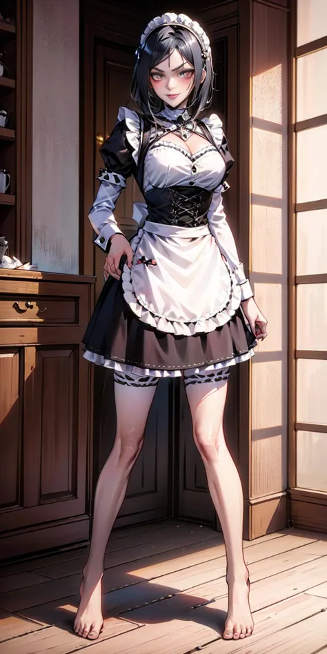 1girl, cute, ((Short black hair girl and long blonde hair girl)), maid victorian, maid apron, straight face, dazed, Body positio...