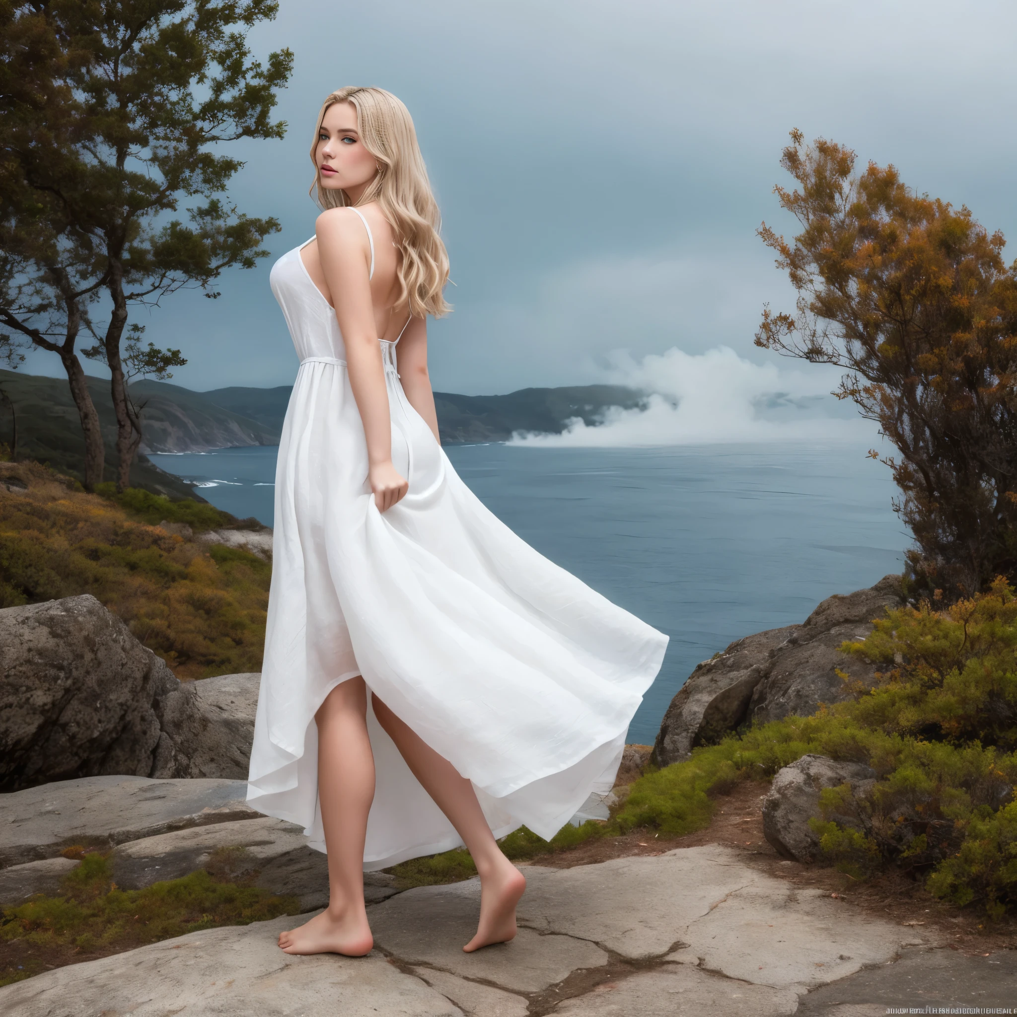 ((Masterpiece)) A beautiful Nordic girl is standing on the cliff, looking at the ocean. She has long blond hair waving behind her back and sky-blue eyes. She wears a white linen dress that moves with the breeze. A highly detailed and hyper-realistic depiction of a princess in a white linen dress, wearing white panties, Realistic hands. ((full body)), mybeauties, The perspective is from below. ((Full body, bare feet)). The character is surrounded by mist, evoking a mysterious and eerie atmosphere. The lighting is dark and atmospheric, with a red smoke adding a touch of sinister ambiance. The image is of the best quality, with a resolution of 4k and HDR enhancement, showcasing the utmost level of detail and realism, sfw, full body shot.