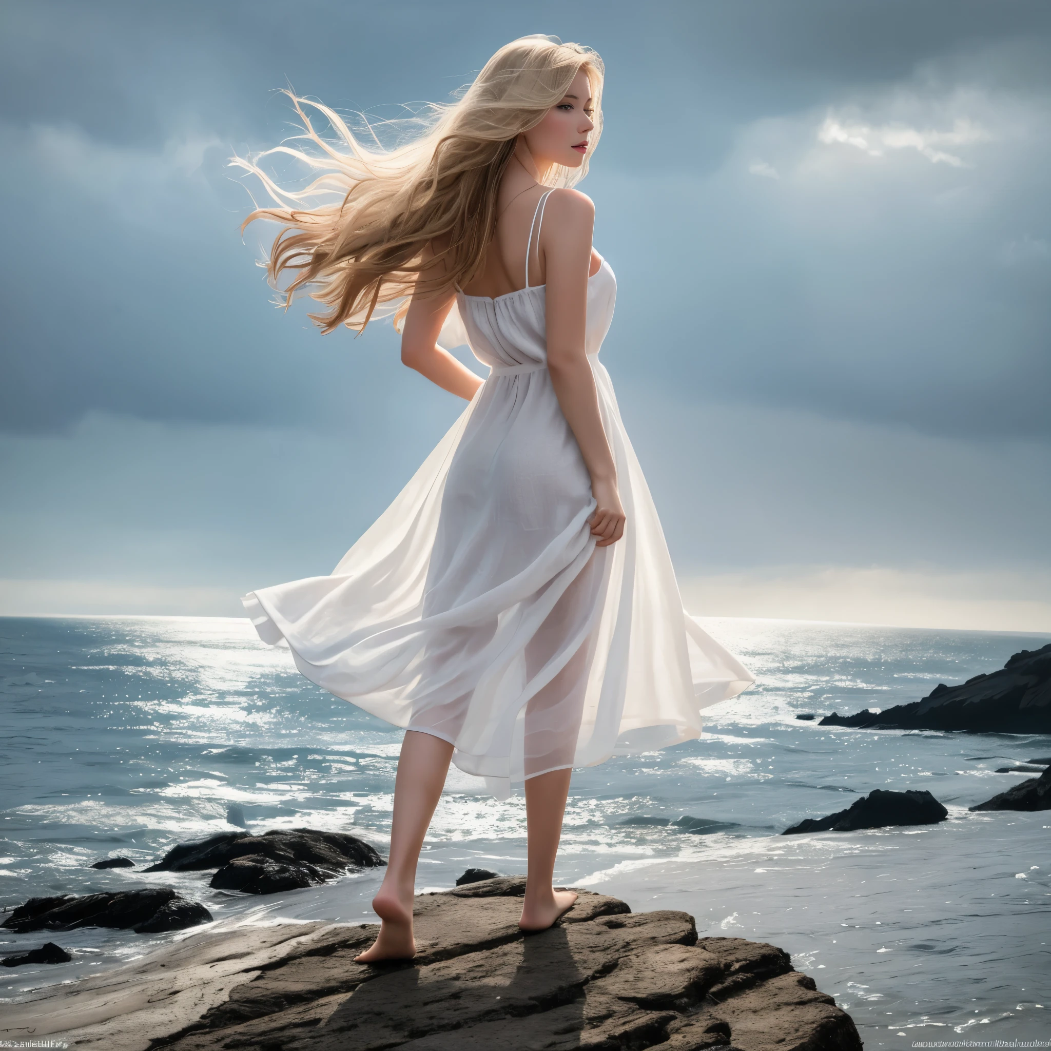 ((Masterpiece)) A beautiful Nordic girl is standing on the cliff, looking at the ocean. She has long blond hair waving behind her back and sky-blue eyes. She wears a white linen dress that moves with the breeze. A highly detailed and hyper-realistic depiction of a princess in a white linen dress, wearing white panties, Realistic hands. ((full body)), mybeauties, The perspective is from below. ((Full body, bare feet)). The character is surrounded by mist, evoking a mysterious and eerie atmosphere. The lighting is dark and atmospheric, with a red smoke adding a touch of sinister ambiance. The image is of the best quality, with a resolution of 4k and HDR enhancement, showcasing the utmost level of detail and realism, sfw, full body shot.