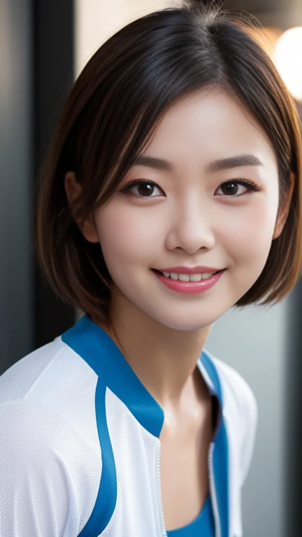 A girl named Nana, Short Hair, Brown Hair, 28 years old, ample bosom, Slender, Round face, drooping eyes, dimples, fang, winking smile, first-person view, Retro Flare, f/2.0, 105mm, Sony, UHD, retina, masterpiece, ccurate, anatomically correct, textured skin, super detail, high details, high quality, best quality, highres, 1080P, HD, 4K, 8k, training wear