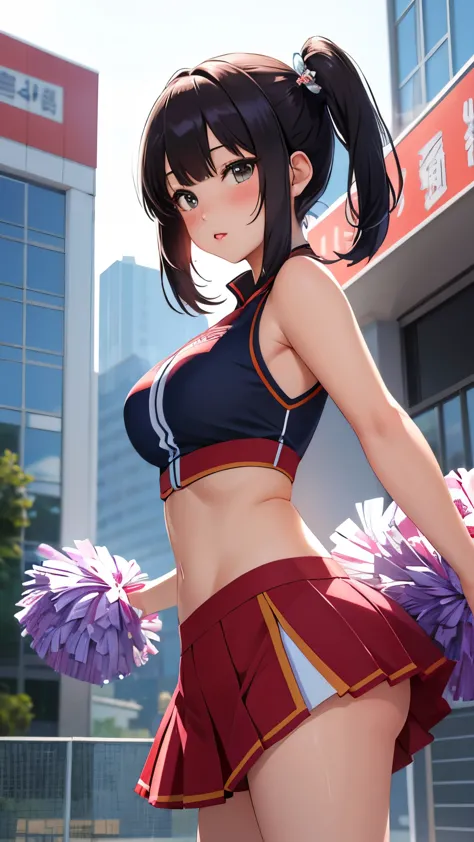 best quality, 1girl, masterpiece ultra detailed, illustration, yang guifei, glossy lips, blush, lips parted, (cheerleader), midr...