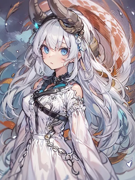 ((masterpiece)), ((bestquality)), 1 girl, solo, a 15-year-old girl, white hair, blue eyes, detailed face, dragonian_head, dragon...