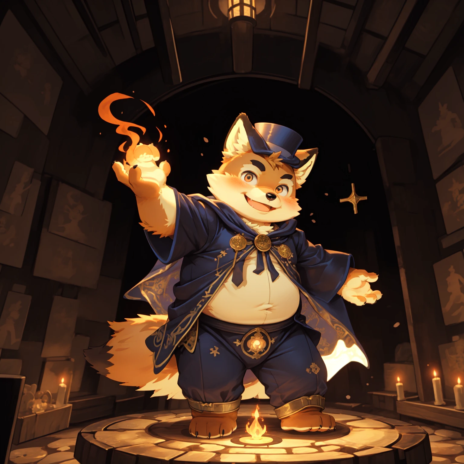 New Jersey 5 Furry，fox，portrait,（Solitary），，Beautifully，Chubby，Orange plush fur，Cute face，Black eyebrowagician costume, Magic long cloak),，Dungeons，remains，Dynamic Angle, (Dynamic poses), masterpiece,best quality, Using Magic，Smile，blush