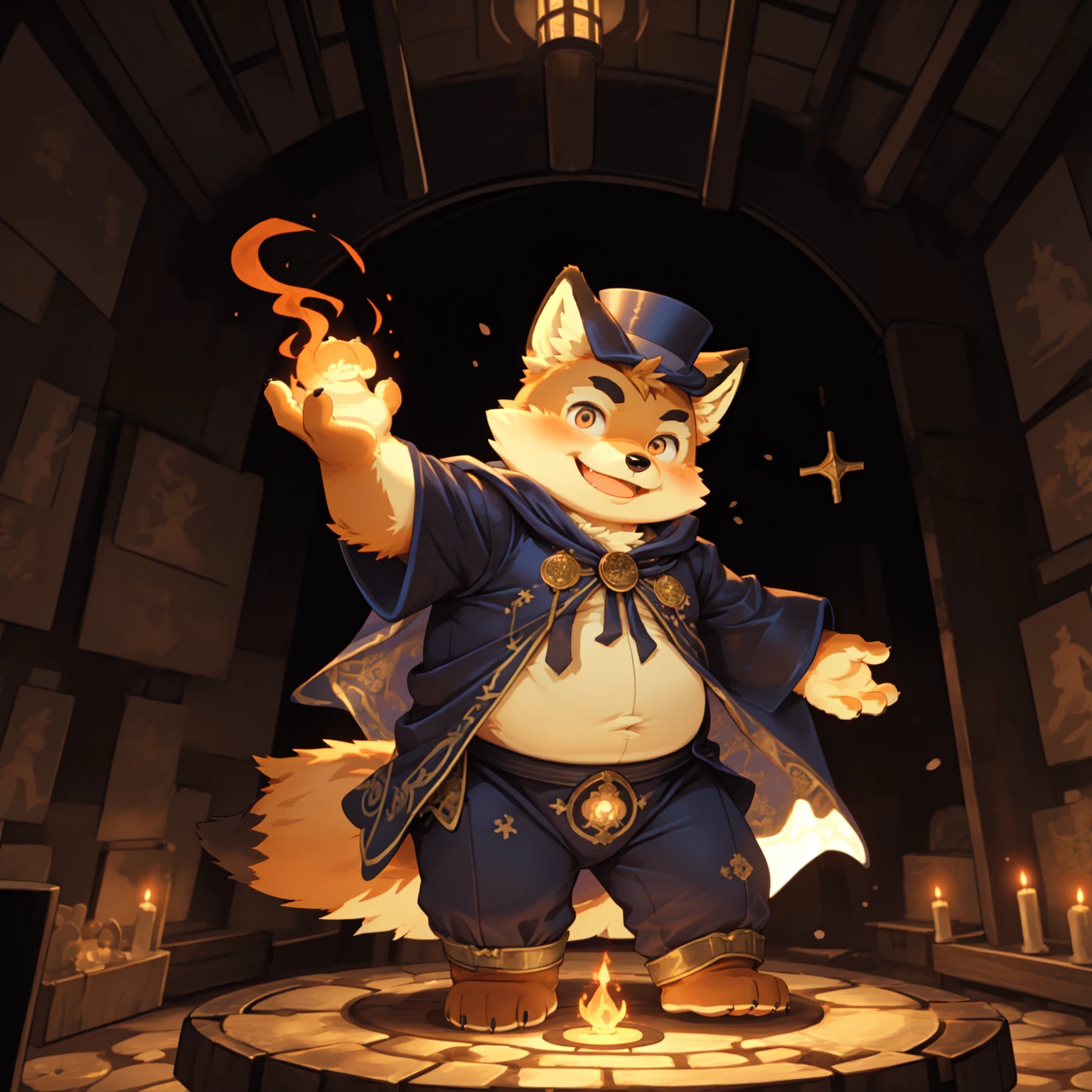 New Jersey 5 Furry，fox，portrait,（Solitary），child，Beautifully，Chubby，Orange plush fur，Cute face，Black eyebrows，(magician costume, Magic long cloak),Child，Dungeons，remains，Dynamic Angle, (Dynamic poses), masterpiece,best quality, Using Magic，Smile，blush