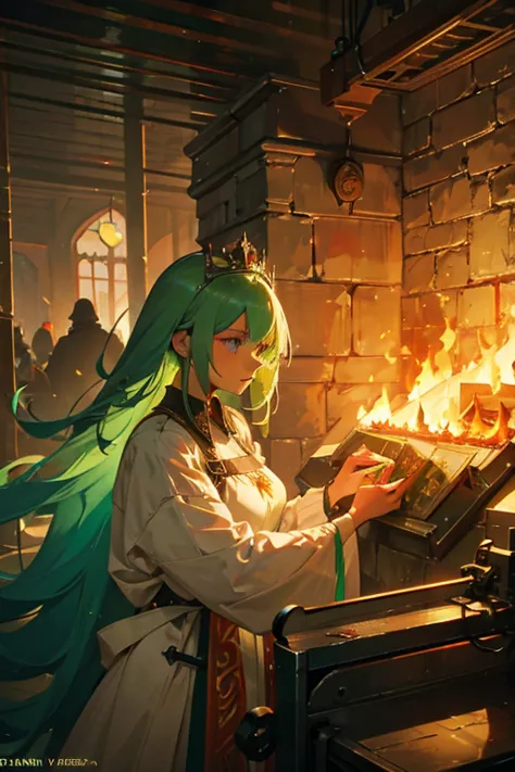 Medieval Queen is in a hospital. there are wall of fire behind them. She has green hair