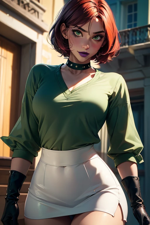 Masterpiece, beautiful art, professional artist, 8k, very detailed face, very detailed hair, 1girl, Rogue (RogueXME, short hair, two-tone hair, (red hair), (white bangs), green eyes, purple makeup, purple lipstick, medium breasts, smiling, choker, studded collar, ((green shirt)), miniskirt, leather skirt, gloves, boots), walking around the X-Mansion, hot, horny, aroused, blushing, thinking of her girlfriend, missing her lover, no labels, no branding, perfectly drawn body, beautiful face, very detailed eyes, rosey cheeks, intricate details in eyes, perfect fit body, beautiful body, extremely detailed, intricate details, highly detailed, sharp focus, detailed skin, realistic skin texture, texture, detailed eyes, high resolution, kodak vision color, foto_\(ultra\), post-processing, maximum detail, roughness, real life, ultra realistic, photorealism, photography, absurdres, RAW photo, highest quality, high detail RAW color photo, professional photo, extremely detailed UHD 8k wallpaper unit, best quality, highres, (masterpiece, top quality, high resolution:1.4), photo, cinematic, film grain, sharp, soft natural light, magic photography, super detailed