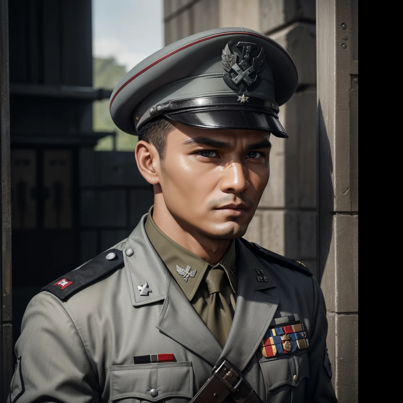 
"Craft a vivid narrative depicting a strikingly handsome Indonesian military officer, his raven-black hair framing sharp features, during World War II. He serves in the Waffen-SS, clad in a steely grey uniform with a military cap adorning his head. Despite his alluring appearance, his demeanor is chillingly cold and lethal. Describe a scene where his ruthless efficiency and merciless nature are on display amidst the chaos of battle, capturing the essence of his character as a formidable and formidable figure on the battlefield." super fine face, super fine eyes, super fine nose, super fine mouth, perfect face, black uniform, uniform, ww2 soldier uniform, ww2 german soldier officer uniform, waffen ss uniform, Wehrmacht uniform, super realistic waffen ss uniform, passport photograph. raw photo