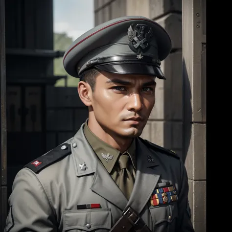 
"Craft a vivid narrative depicting a strikingly handsome Indonesian military officer, his raven-black hair framing sharp featur...