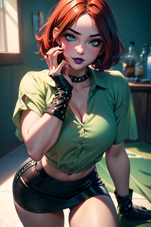 Masterpiece, beautiful art, professional artist, 8k, very detailed face, very detailed hair, 1girl, Rogue (RogueXME, short hair, two-tone hair, (red hair), (white bangs), green eyes, purple makeup, purple lipstick, medium breasts, smiling, choker, studded collar, ((tight green shirt)), miniskirt, leather skirt, gloves, boots), walking on the Santa Monica pier, hot, horny, aroused, blushing, thinking of her girlfriend, missing her lover, no labels, no branding, perfectly drawn body, beautiful face, very detailed eyes, rosey cheeks, intricate details in eyes, perfect fit body, beautiful body, extremely detailed, intricate details, highly detailed, sharp focus, detailed skin, realistic skin texture, texture, detailed eyes, high resolution, kodak vision color, foto_\(ultra\), post-processing, maximum detail, roughness, real life, ultra realistic, photorealism, photography, absurdres, RAW photo, highest quality, high detail RAW color photo, professional photo, extremely detailed UHD 8k wallpaper unit, best quality, highres, (masterpiece, top quality, high resolution:1.4), photo, cinematic, film grain, sharp, soft natural light, magic photography, super detailed