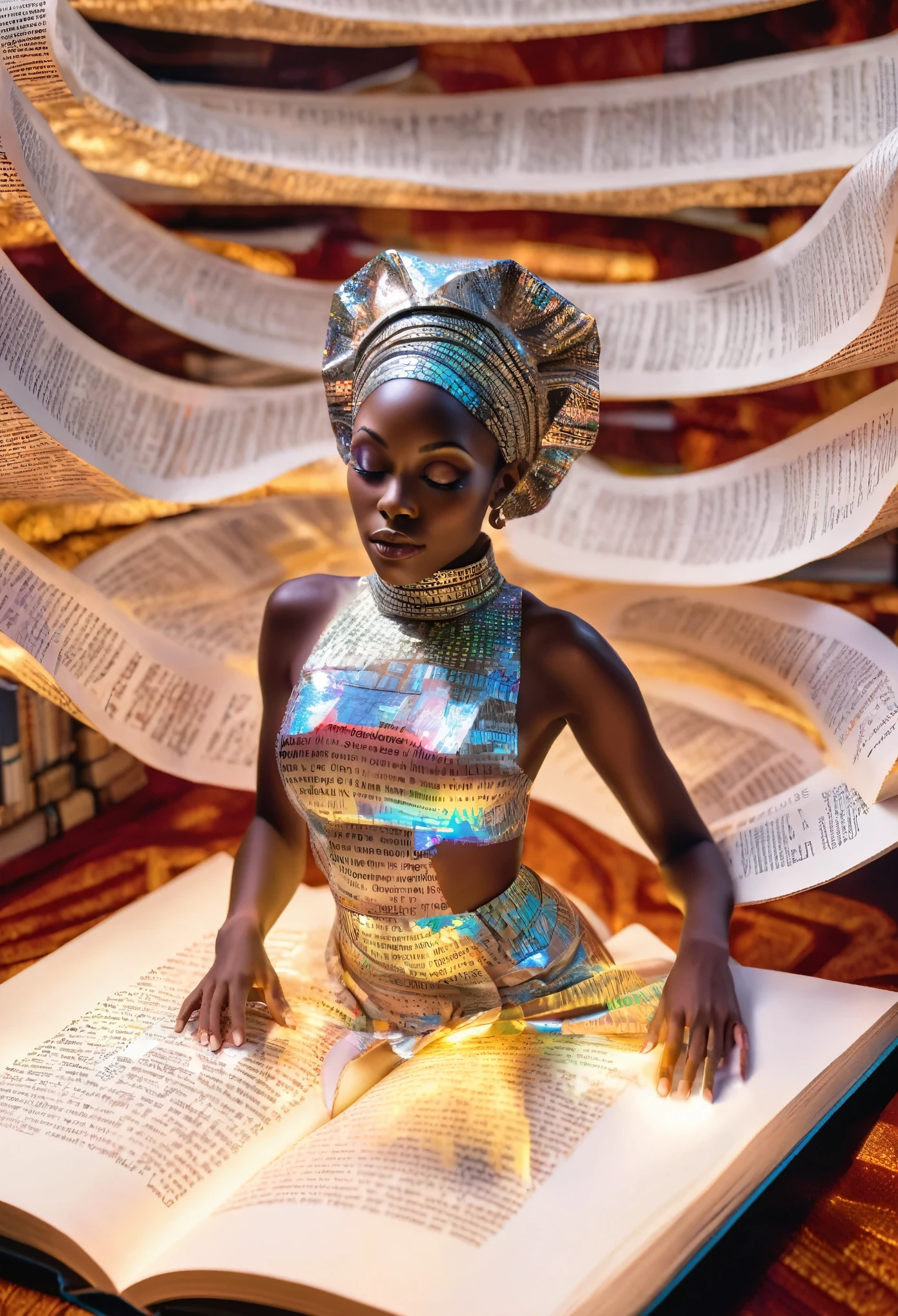 巨大な開いた本の上に横たわる、紙でデザインされた服を着たミニチュアのアフリカ人女性のホログラム画像, 本の言葉が彼女の体中に映し出されている, 反射する文字が白く輝き、美しいシュールなイメージを演出します。, 背景の図書館は薄暗く照らされており、開いた巨大な本の中に横たわるアフリカ人女性に焦点が合った鮮明な画像となっている。,