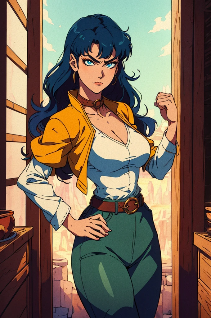 ((A young woman with flowing long dark blue hair, long side part bangs covering the right side of her face, sharp upward-arched thick eyebrows, large expressive eyes, a delicate oval face, a sensual wide mouth, a mocking expression, a fantasy martial arts-style emerald green short jacket with a blue undershirt, a high collar, rolled-up sleeves, matching fabric pants, a yellow waist belt, leather combat boots, one hand rests on her hip, surrounded by a cyan energy aura, standing in a fantasy style Chinese tavern)), this character embodies a finely crafted a fantasy martial arts heroine in anime style, exquisite and mature manga art style, pale skin, high definition, best quality, highres, ultra-detailed, ultra-fine painting, extremely delicate, professional, anatomically correct, symmetrical face, extremely detailed eyes and face, high quality eyes, creativity, RAW photo, UHD, 32k, Natural light, cinematic lighting, masterpiece-anatomy-perfect, masterpiece:1.5
