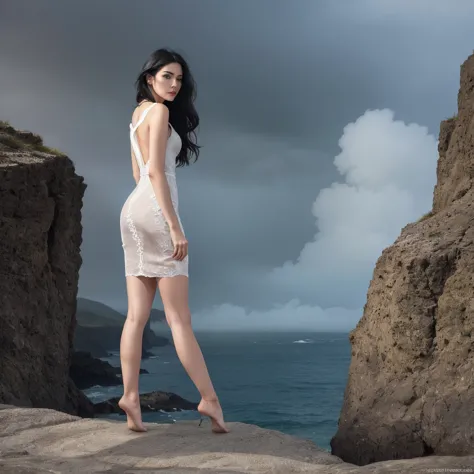 ((Masterpiece)) A Nordic woman is standing on the cliff, looking at the ocean. She has long black hair waving behind her back an...