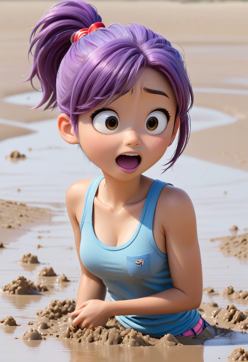 A 14 year old Japanese girl, purple hair in a ponytail, blue collar, gray tank top, terrified, stuck in quicksand reaching up to her breast, trying to move to free herself, 3d Pixar, (Best quality, 4k, 8k, high resolution, masterpiece: 1.2), Ultra-detailed, (Realistic, photoRealistic, photo-Realistic: 1.37), quicksand, Vivid colors, studio lighting