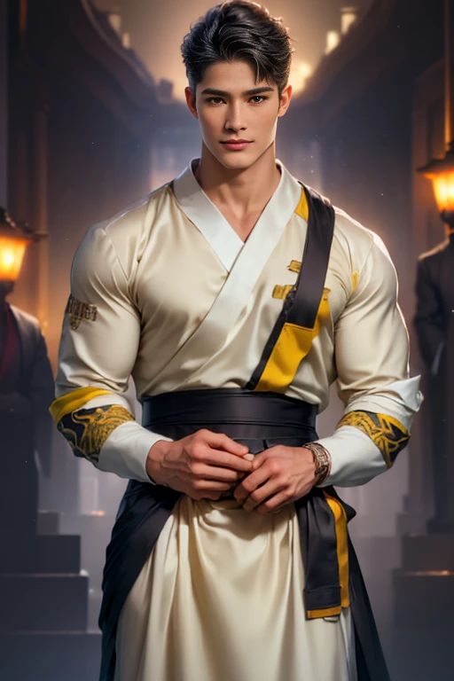 (high resolution), (Alta Calidad), (professional lighting), (detalles intrincados: 2), hombre, solo, black and yellow samurai clothing, Asian, pueblo regional japones con flores de cerezo, cabello color negro con amarillo, cuerpo completo, torso descubierto.