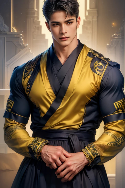 (high resolution), (Alta Calidad), (professional lighting), (detalles intrincados: 2), hombre, solo, black and yellow samurai clothing, Asian, pueblo regional japones con flores de cerezo, cabello color negro con amarillo, cuerpo completo, torso descubierto.