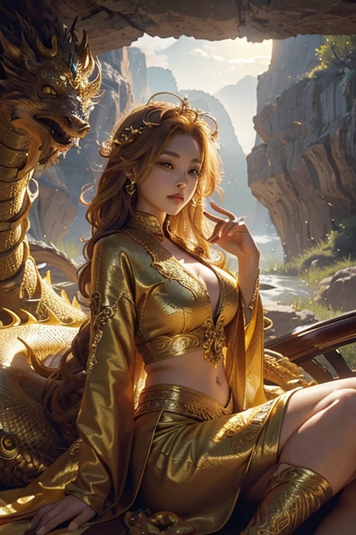 A majestic and divine golden dragon coiled in the center of the screen, staring at the camera. The surroundings are an inaccessible canyon with lightning running, and the sun shining brightly.