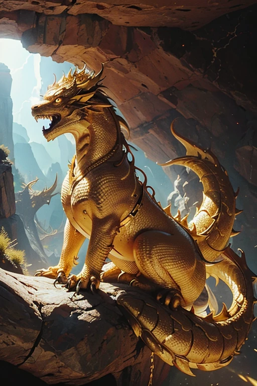 A majestic and divine golden dragon coiled in the center of the screen, staring at the camera. The surroundings are an inaccessible canyon with lightning running, and the sun shining brightly.