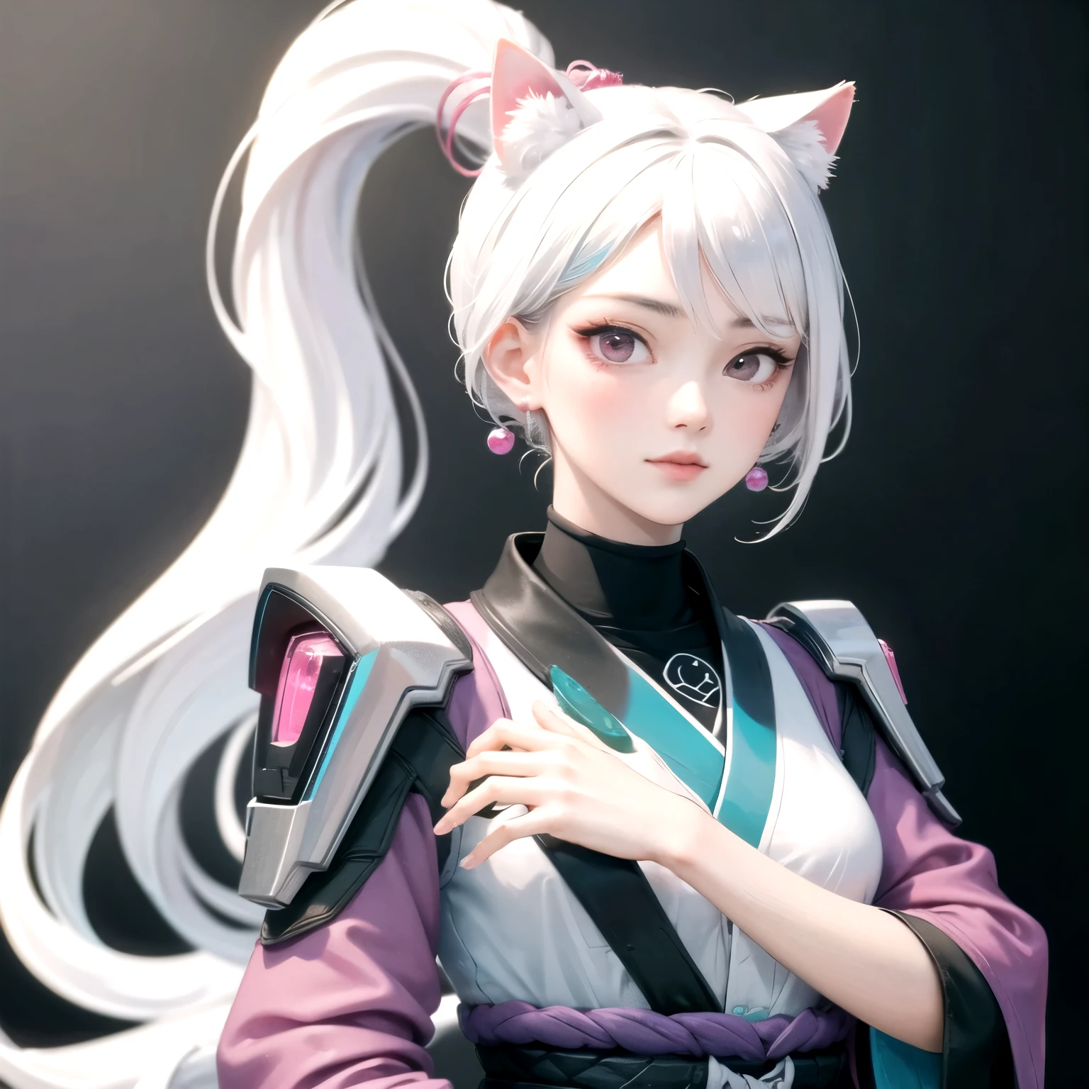 ((best quality)), ((masterpiece)), (detailed), perfect face. White hair. Ponytail. Asian girl. Pink eyes. Nekomimi.