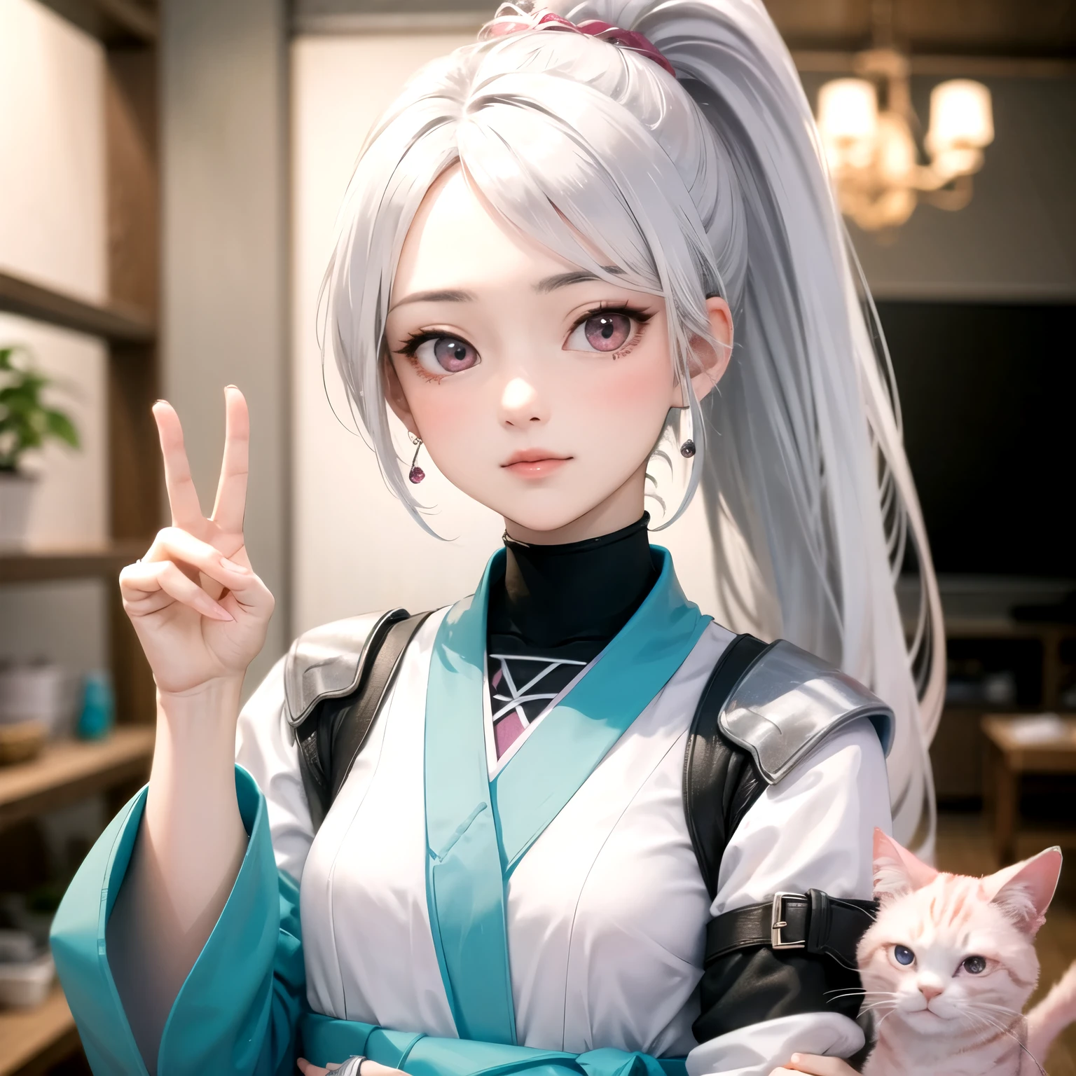 ((best quality)), ((masterpiece)), (detailed), perfect face. White hair. Ponytail. Asian girl. Pink eyes. Nekomimi.