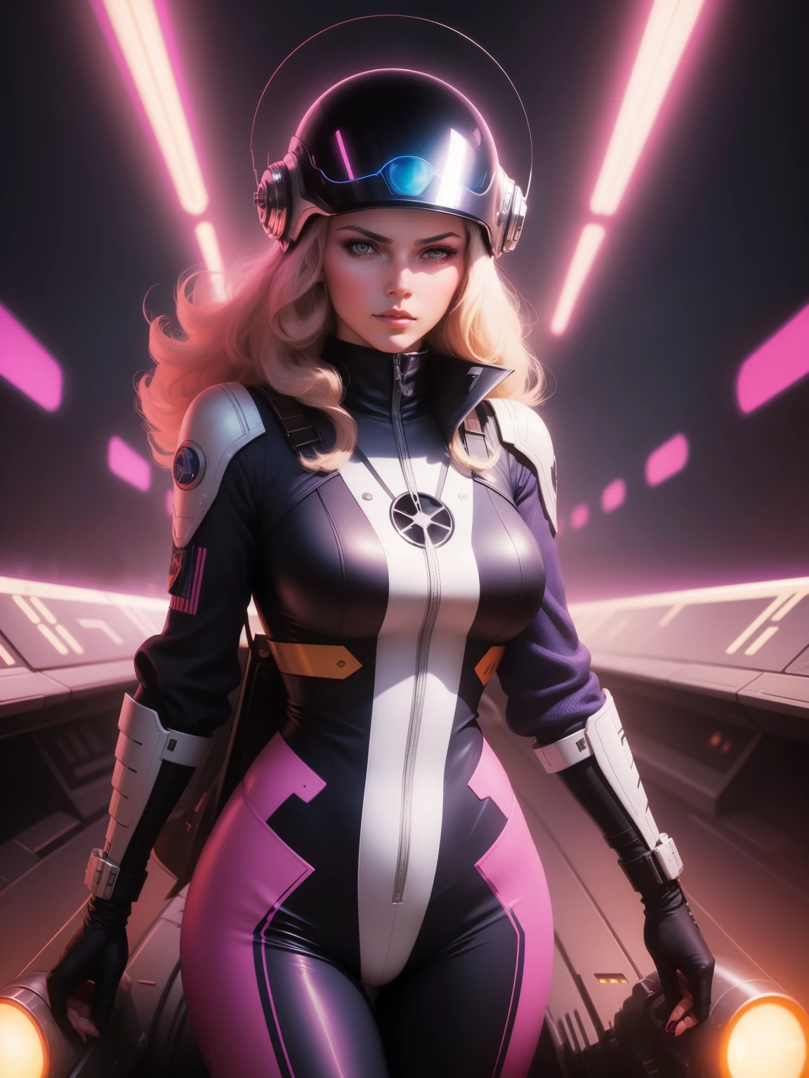 There is a picture of a woman wearing a helmet., Stephen Hickman, Synthwave Art Style ]!!, Cinemascope Panorama, Atompunk, Magnificent light image, Pioneering aesthetics, Spelling out &quot;I&#39;m sorry&quot;, France of the Future, Juan Jimenez, Trending on artstation, Julian Allen, 70&#39;s Palette, Maximalism. amazing, From the 2019 SF8K film