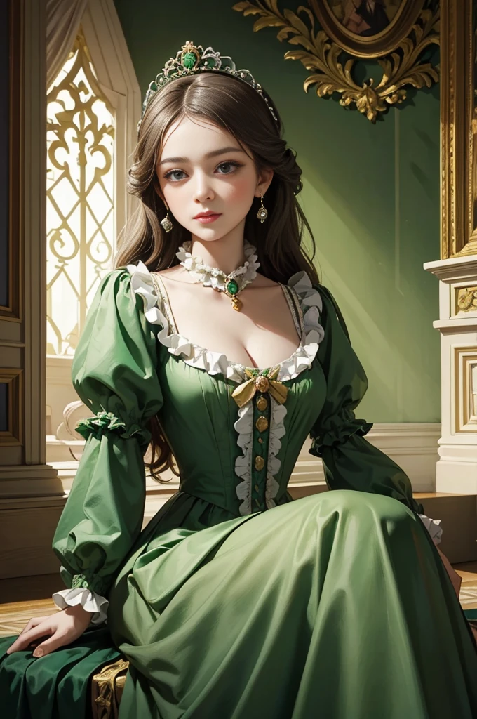 a woman in a green dress sitting on a set of stairs, dress in the style of rococo, historical baroque dress, rococo queen, 1 7 th century duchess, by Nina Petrovna Valetova, inspired by Franz Xaver Winterhalter, inspired by Jean-Marc Nattier, aristocratic clothing, # rococo