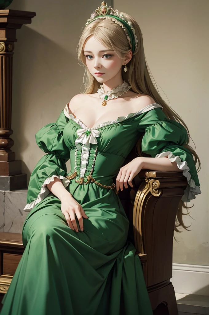 a woman in a green dress sitting on a set of stairs, dress in the style of rococo, historical baroque dress, rococo queen, 1 7 th century duchess, by Nina Petrovna Valetova, inspired by Franz Xaver Winterhalter, inspired by Jean-Marc Nattier, aristocratic clothing, # rococo